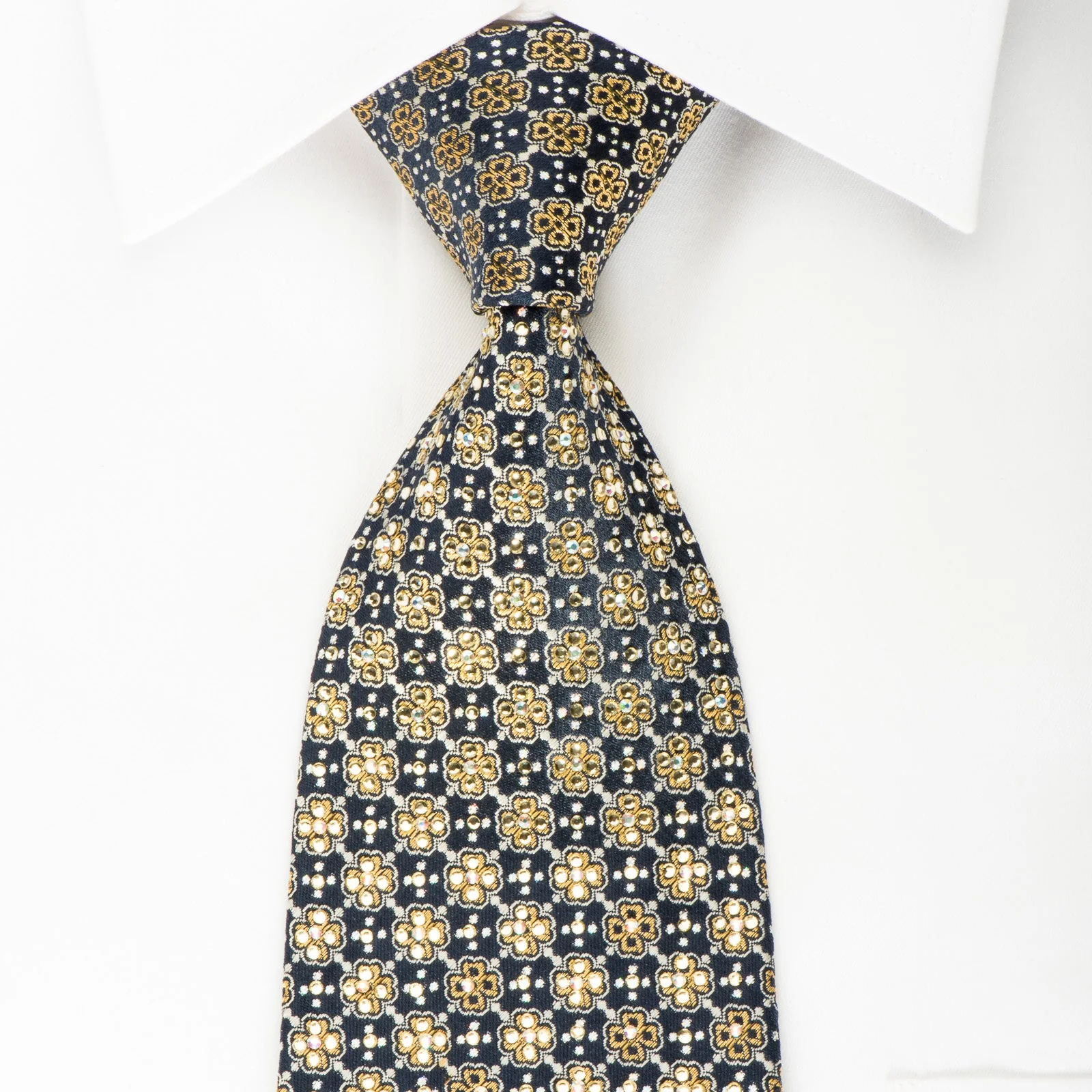 Renoma Rhinestone Silk Necktie Golden Foulard On Navy With Golden Sparkles