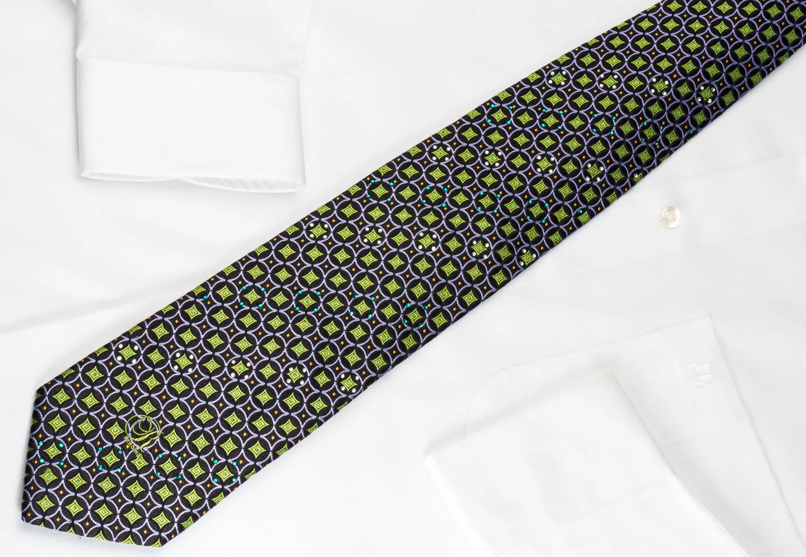 Renoma Rhinestone Silk Necktie Green Purple Geometric On Black With Green Sparkles - Image 4