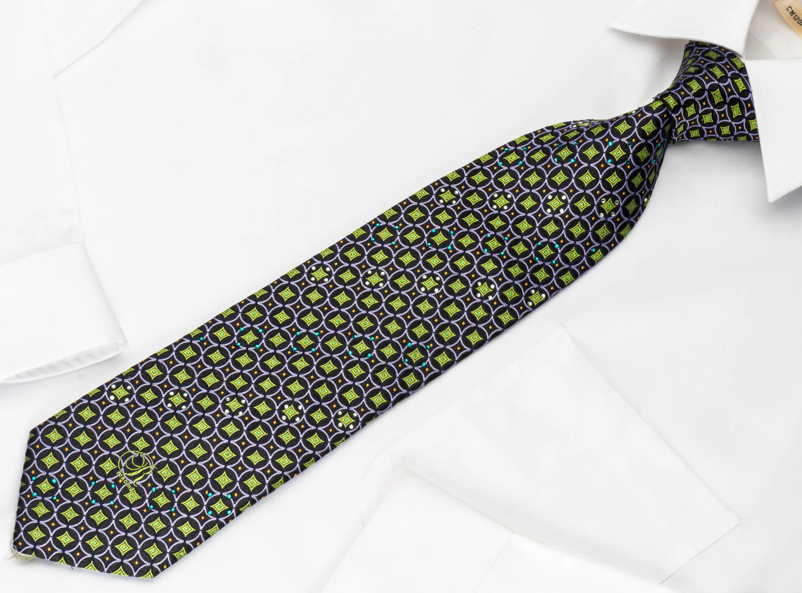 Renoma Rhinestone Silk Necktie Green Purple Geometric On Black With Green Sparkles - Image 6