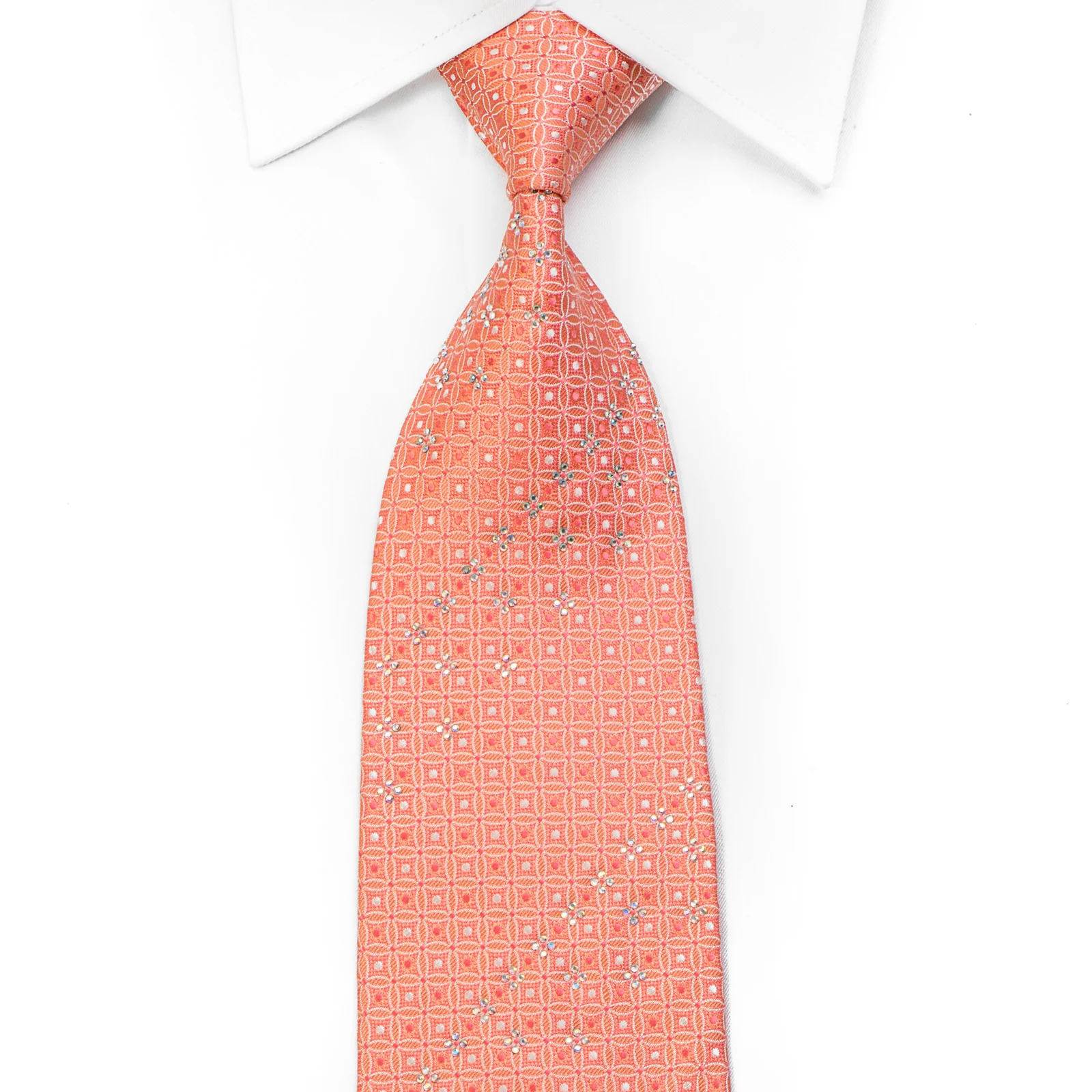 Renoma Rhinestone Silk Necktie Interlocking Circles On Peach Orange