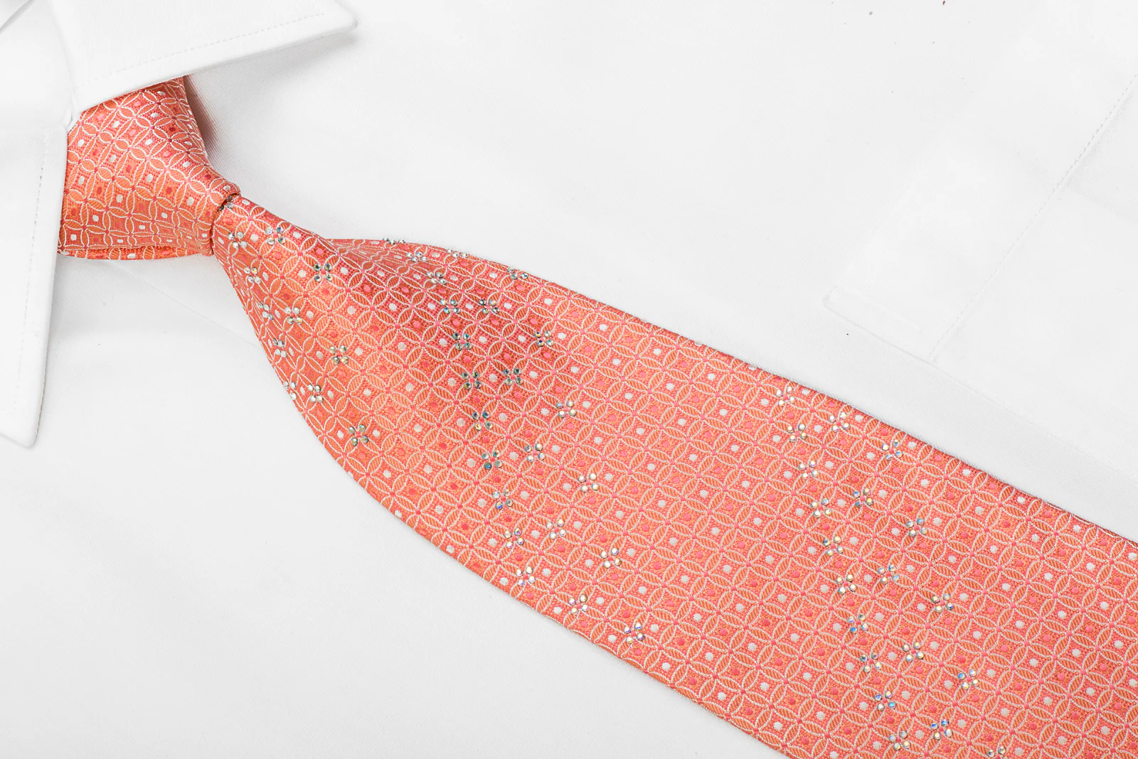Renoma Rhinestone Silk Necktie Interlocking Circles On Peach Orange - Image 2