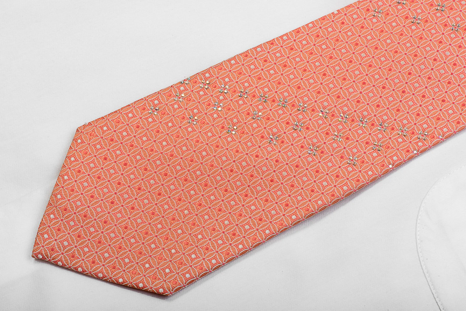 Renoma Rhinestone Silk Necktie Interlocking Circles On Peach Orange - Image 3