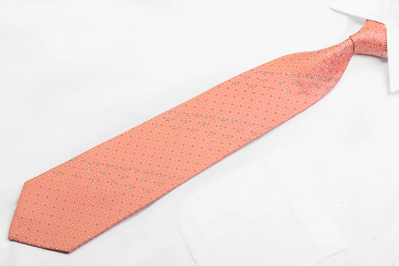 Renoma Rhinestone Silk Necktie Interlocking Circles On Peach Orange - Image 4