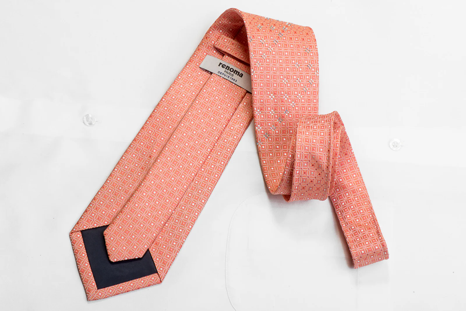Renoma Rhinestone Silk Necktie Interlocking Circles On Peach Orange - Image 5