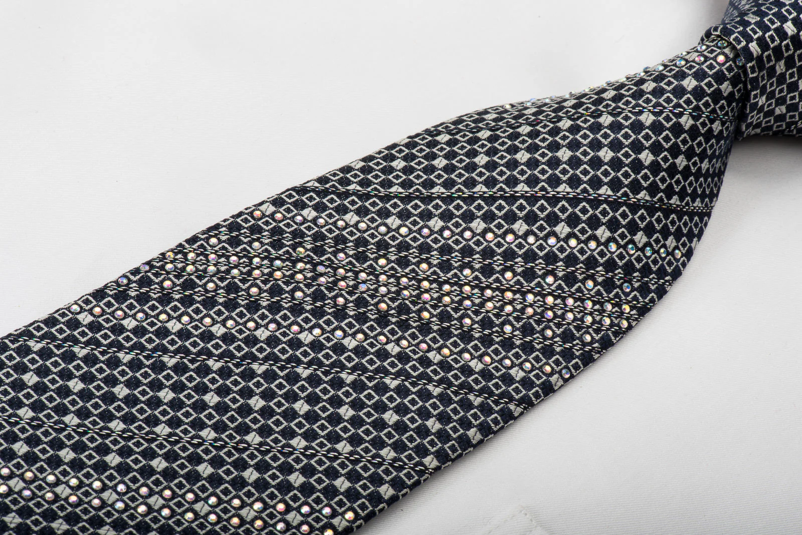 Renoma Rhinestone Silk Necktie Micro Silver Squares On Navy Blue With Silver Sparkles - Image 5