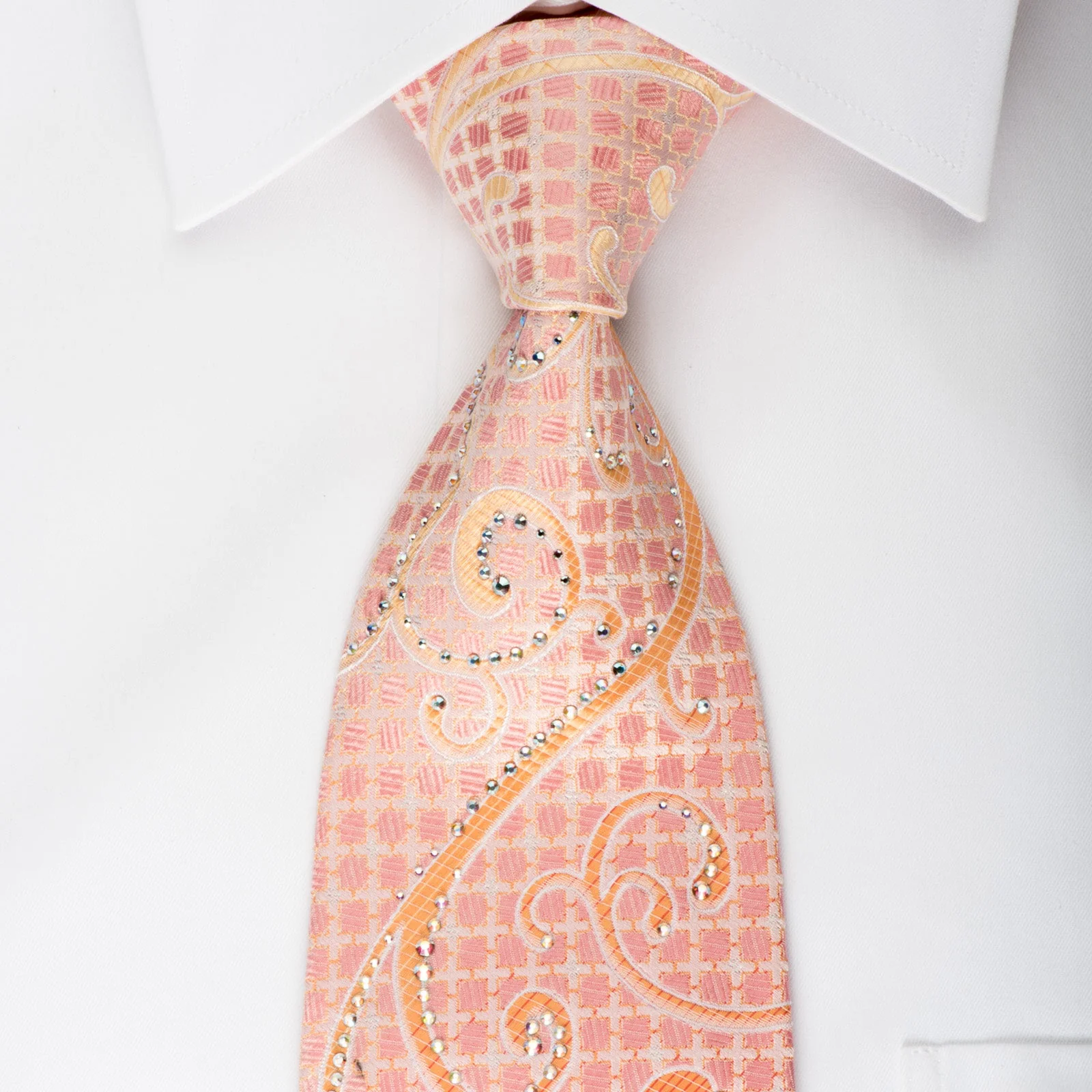 Renoma Rhinestone Silk Necktie Peach Scrolls On White With Silver Sparkles