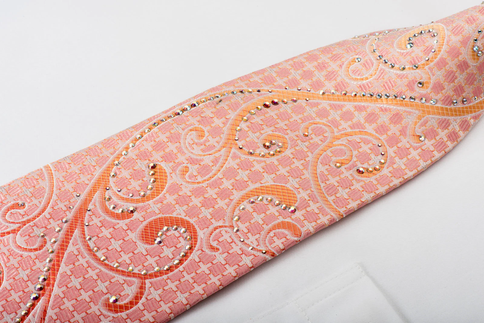 Renoma Rhinestone Silk Necktie Peach Scrolls On White With Silver Sparkles - Image 2
