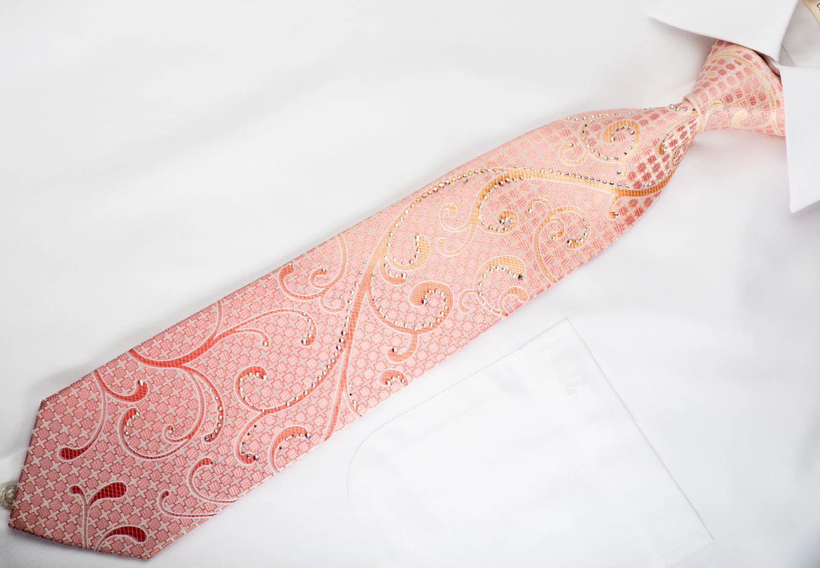 Renoma Rhinestone Silk Necktie Peach Scrolls On White With Silver Sparkles - Image 4
