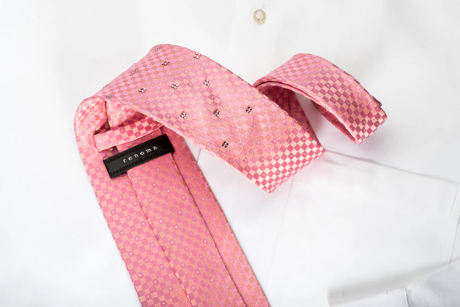 Renoma Rhinestone Silk Necktie Pink Checker With Silver Sparkles - Image 5
