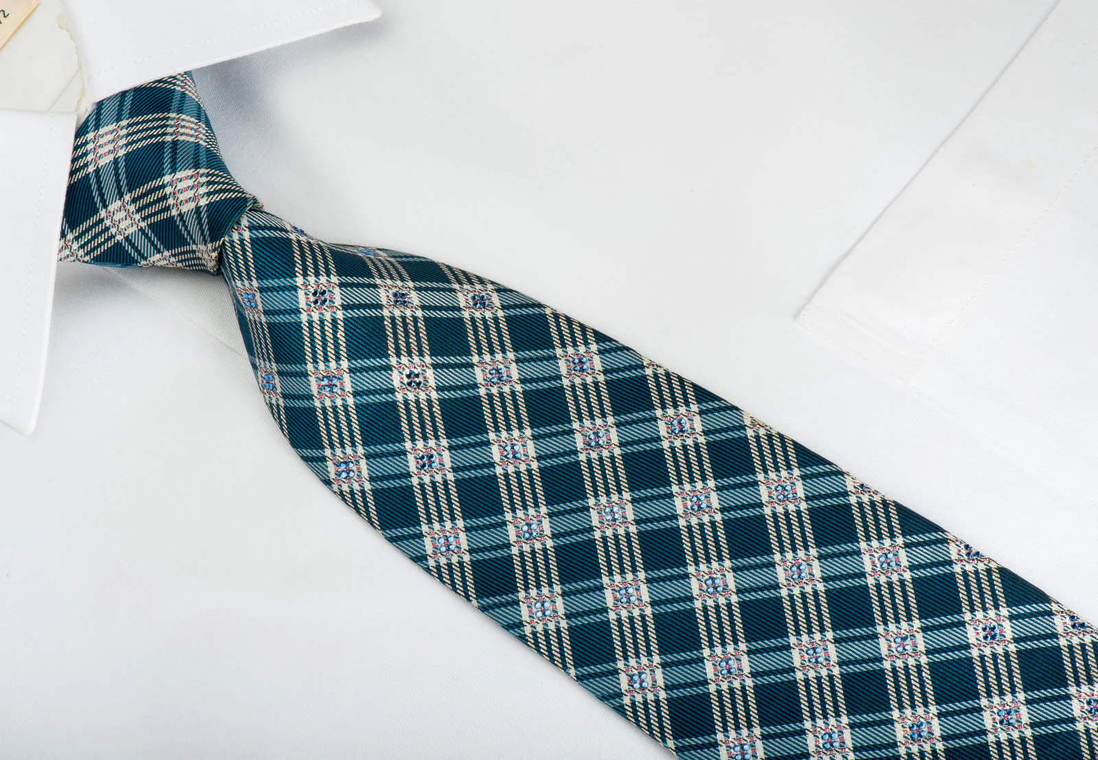 Renoma Rhinestone Silk Necktie Plaids On Blue With Silver Sparkles - Image 2