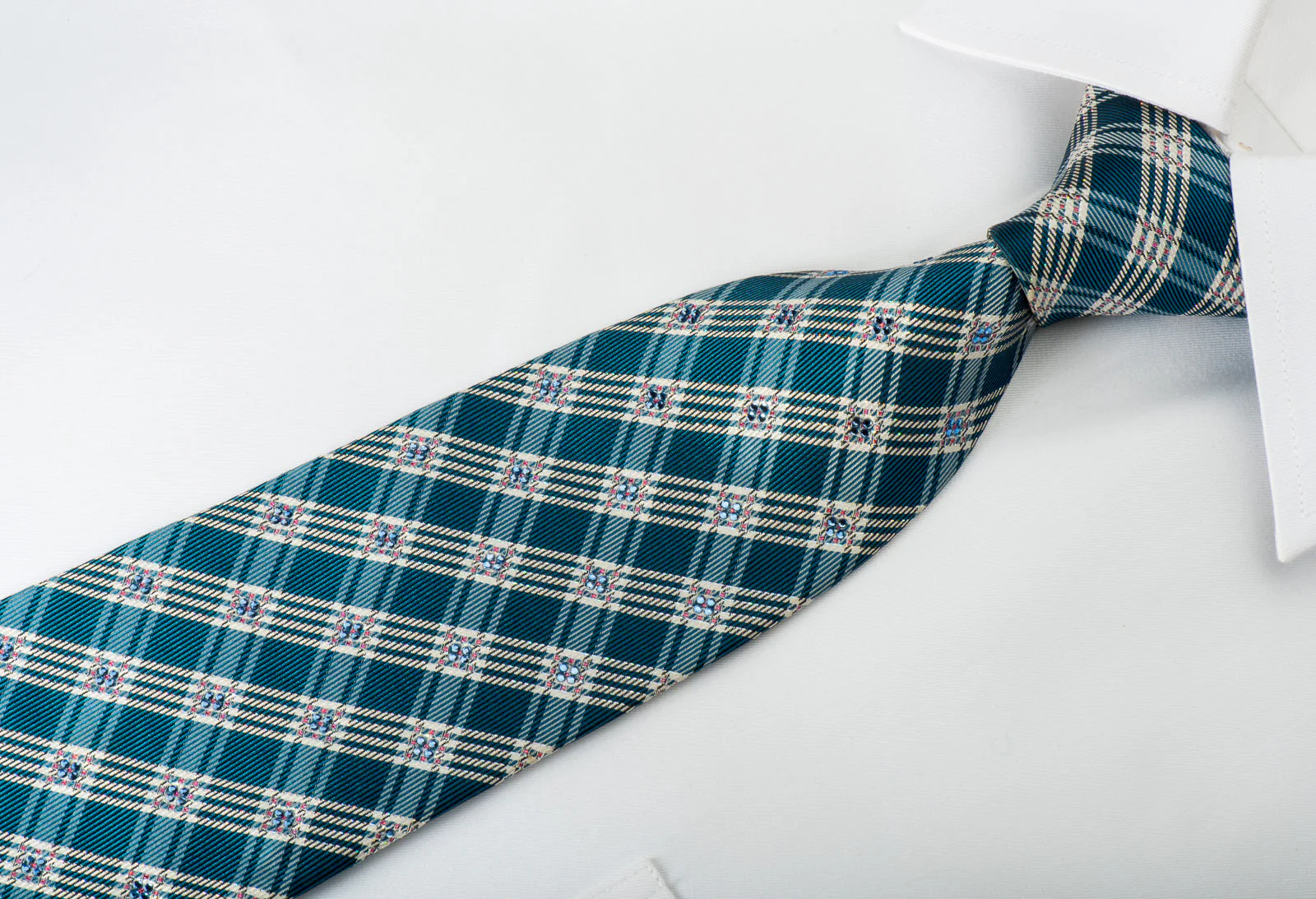 Renoma Rhinestone Silk Necktie Plaids On Blue With Silver Sparkles - Image 5