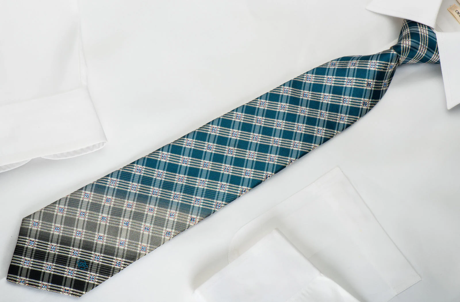 Renoma Rhinestone Silk Necktie Plaids On Blue With Silver Sparkles - Image 6
