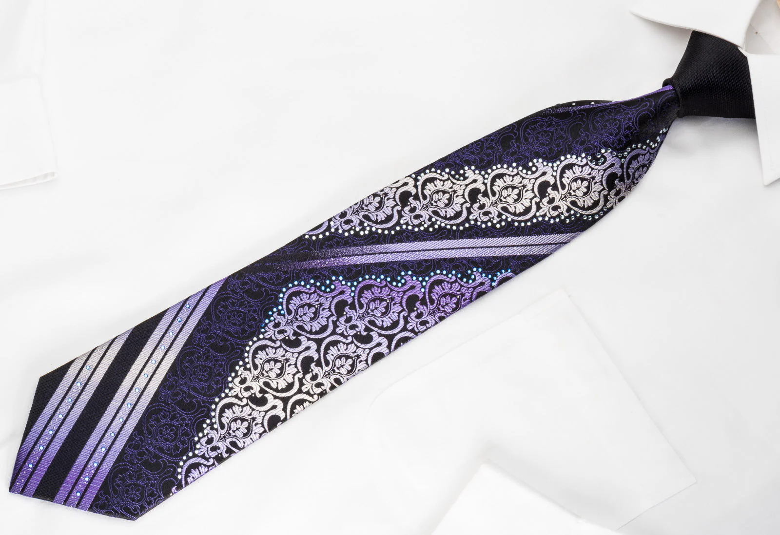 Renoma Rhinestone Silk Necktie Purple Damask On Black With Sparkles - Image 6