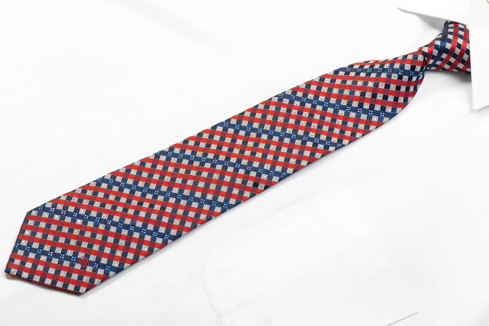 Renoma Rhinestone Silk Necktie Red Blue Silver Striped Checker With Sparkles - Image 3