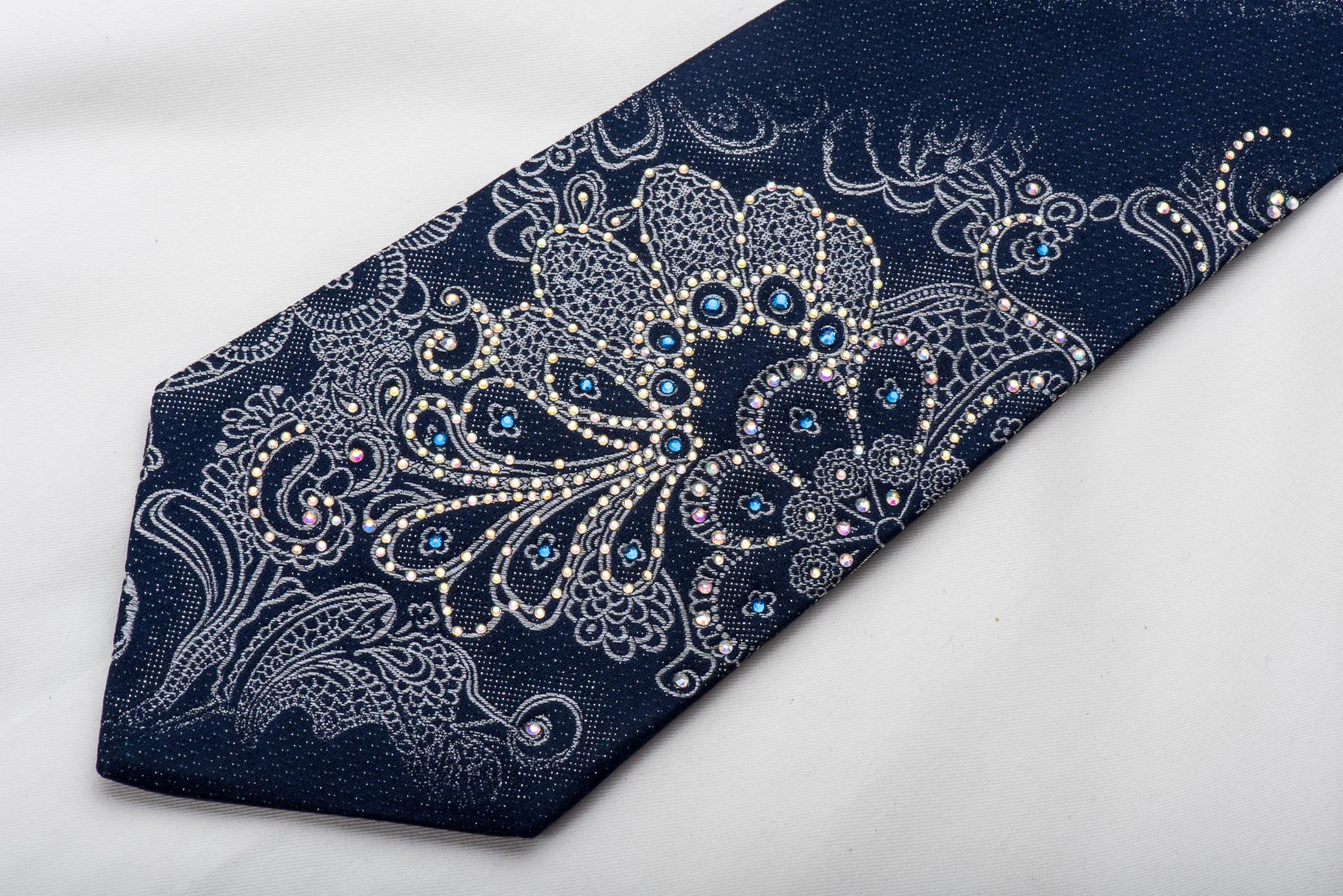 Renoma Rhinestone Silk Necktie Silver Anthemion On Blue With Sparkles - Image 6