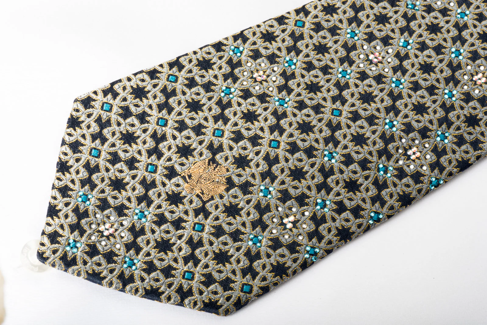 Renoma Rhinestone Silk Necktie Silver Arabesque On Navy With Gold Sparkles - Image 4