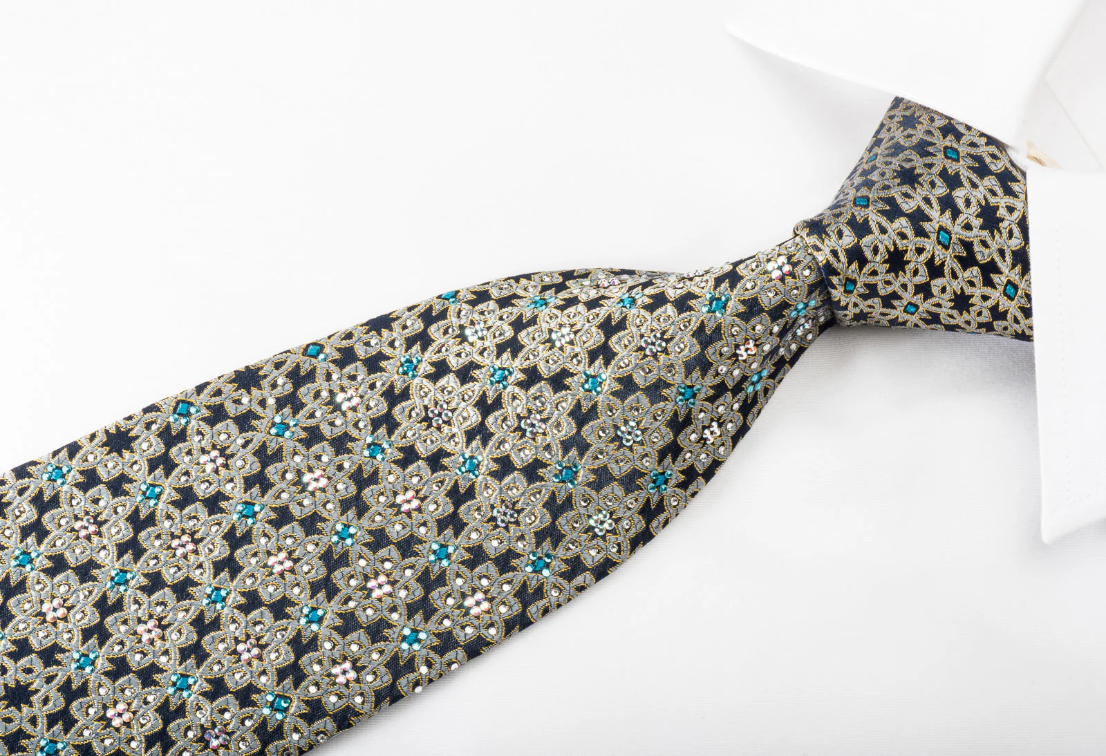 Renoma Rhinestone Silk Necktie Silver Arabesque On Navy With Gold Sparkles - Image 5