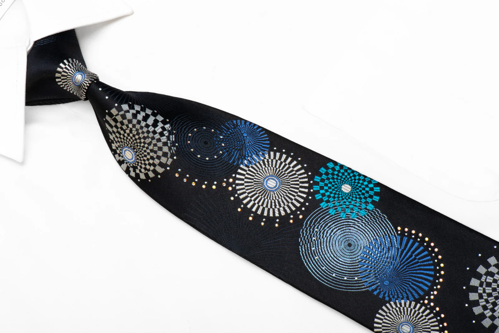 Renoma Rhinestone Silk Necktie Silver Blue Geometric - Image 2