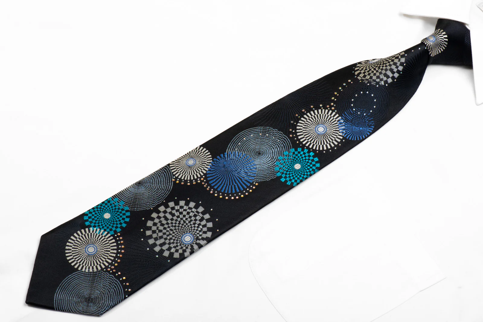 Renoma Rhinestone Silk Necktie Silver Blue Geometric - Image 3