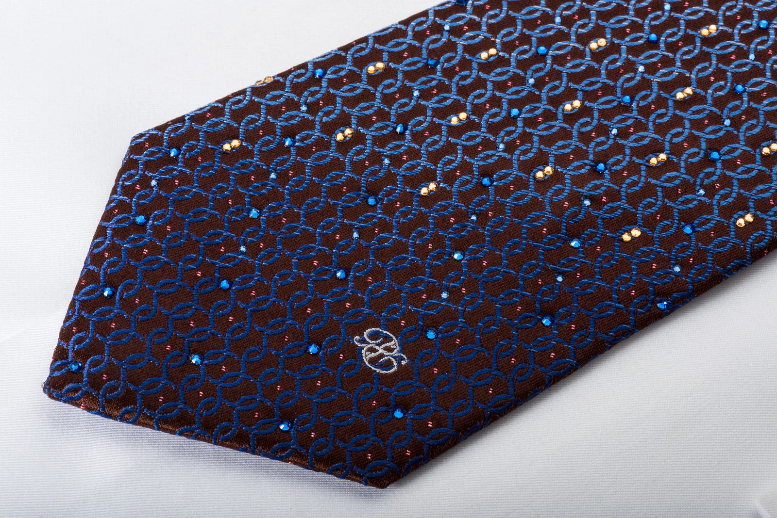 Renoma Rhinestone Silk Necktie Silver Blue Interlocking Circles On Brown With Sparkles - Image 6