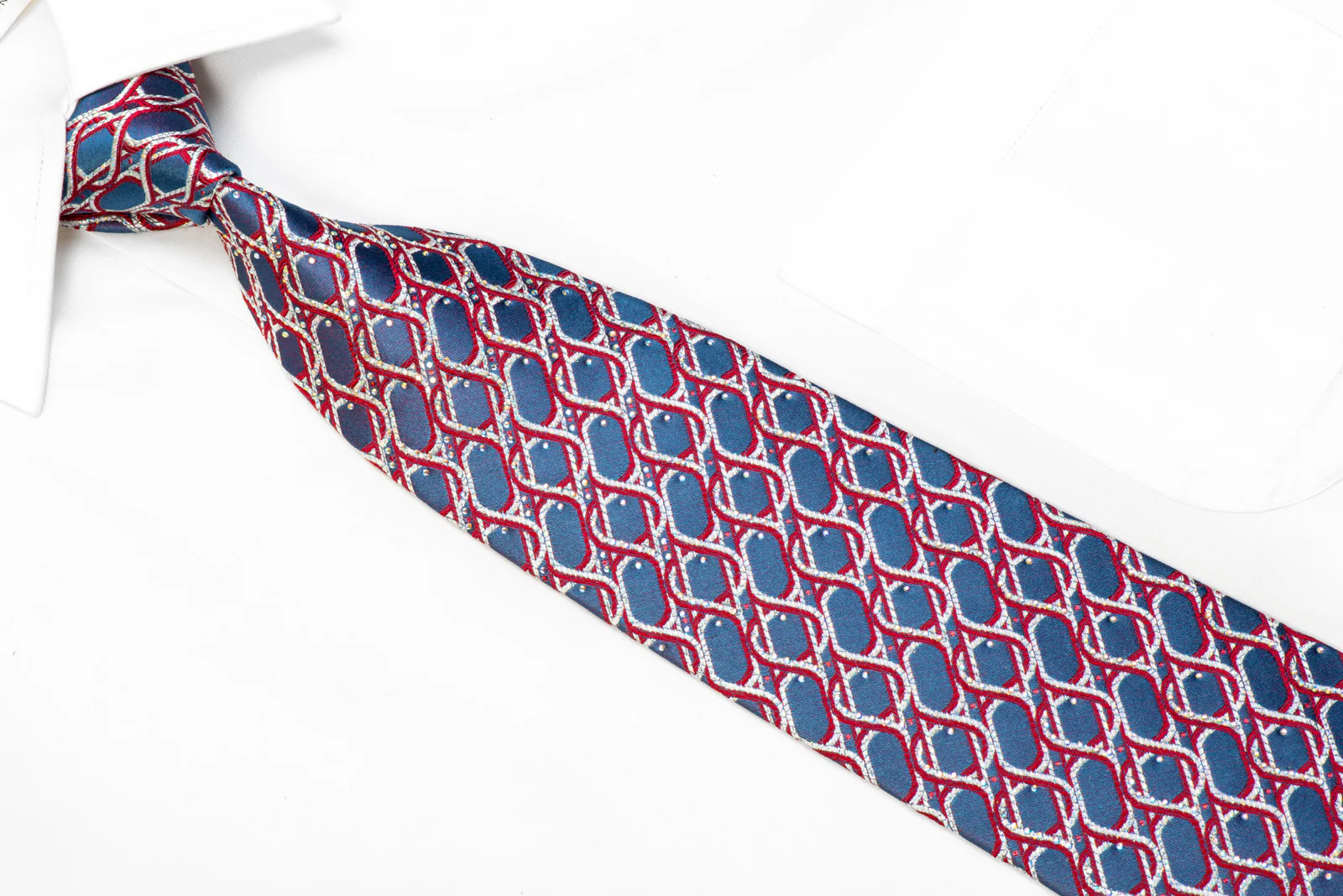 Renoma Rhinestone Silk Necktie Silver Burgundy Geometric On Blue - Image 2