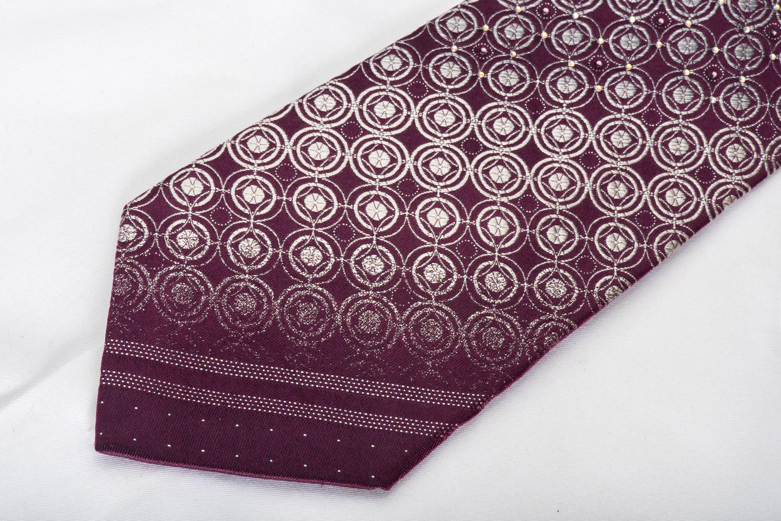 Renoma Rhinestone Silk Necktie Silver Circles On Burgundy With Sparkles - Image 3