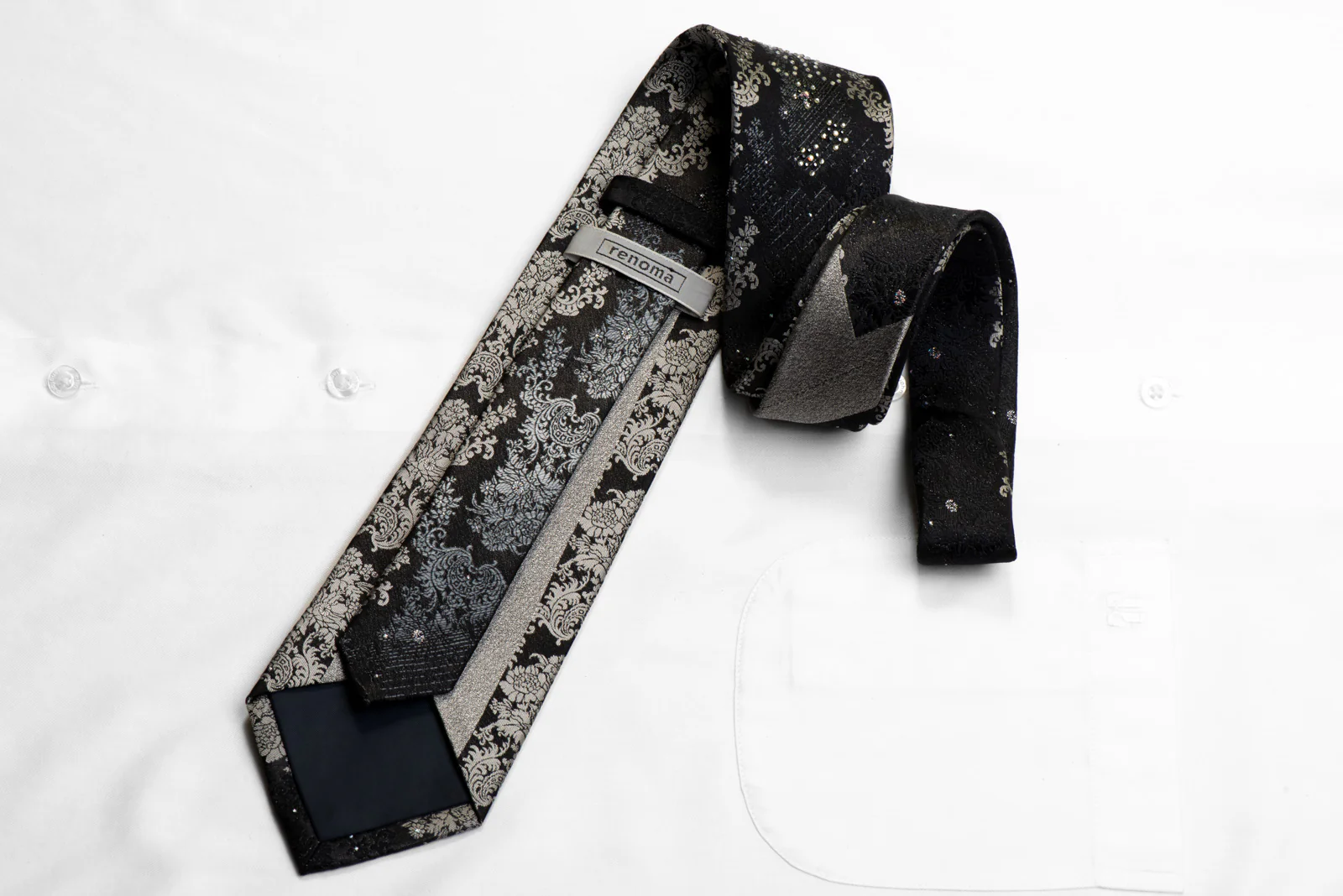 Renoma Rhinestone Silk Necktie Silver Damask On Black With Sparkles - Image 5