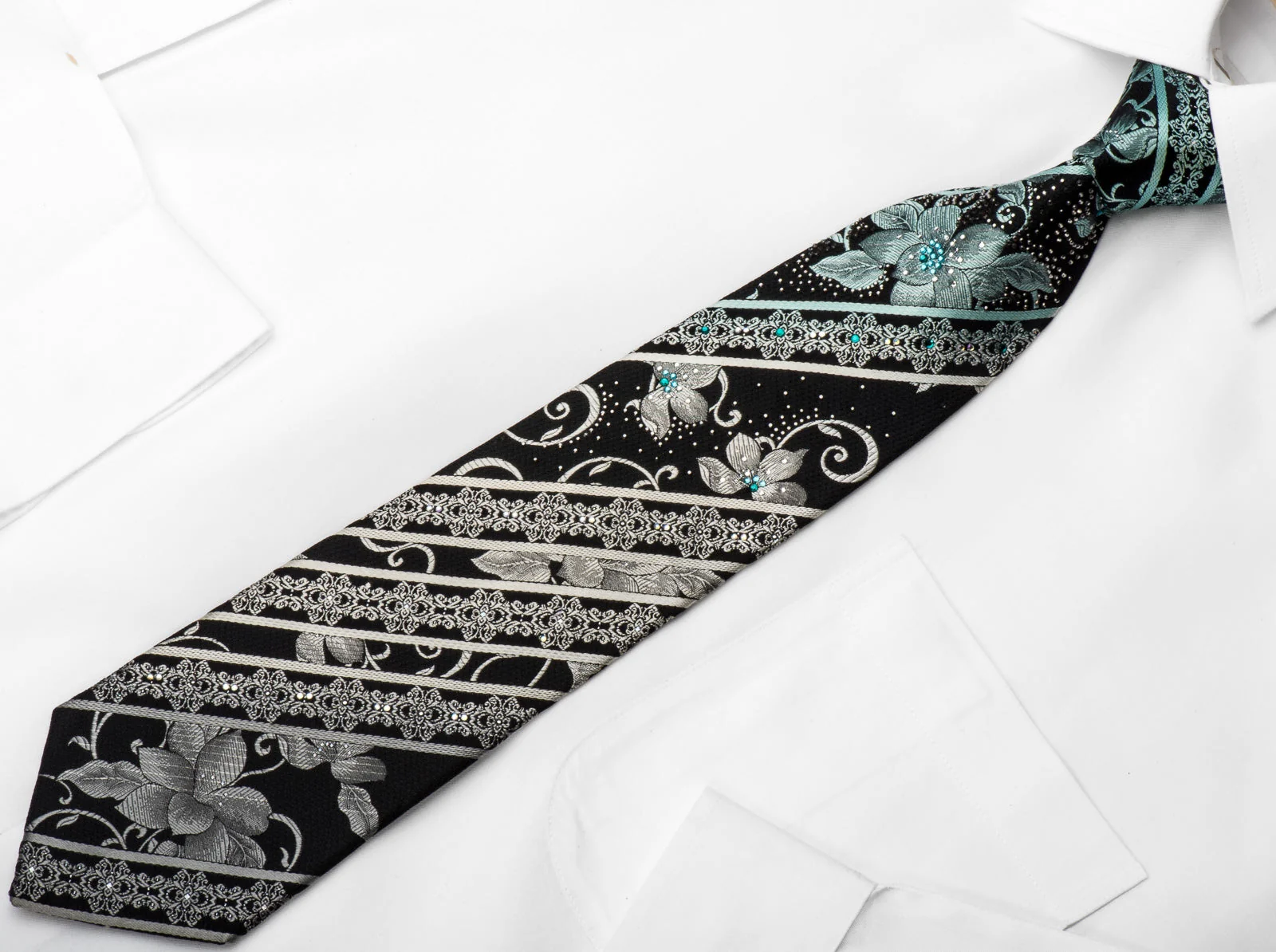 Renoma Rhinestone Silk Necktie Silver Floral On Black With Sparkles - Image 4