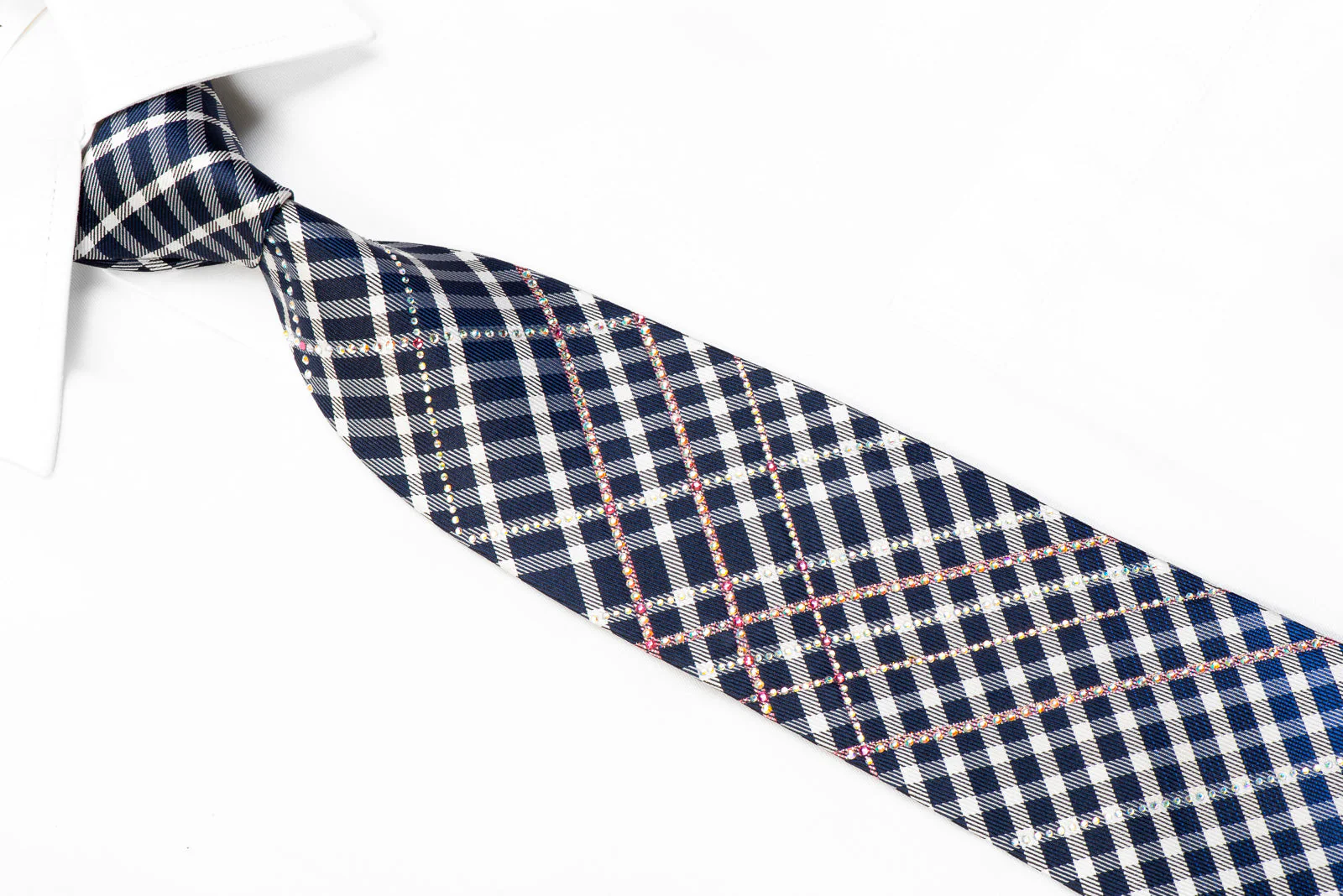 Renoma Rhinestone Silk Necktie Silver Plaid On Navy With Sparkles - Image 2