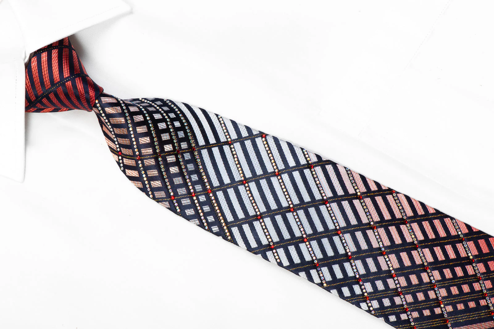 Renoma Rhinestone Silk Necktie Silver Red Geometric Striped On Navy With Gold Sparkles - Image 2