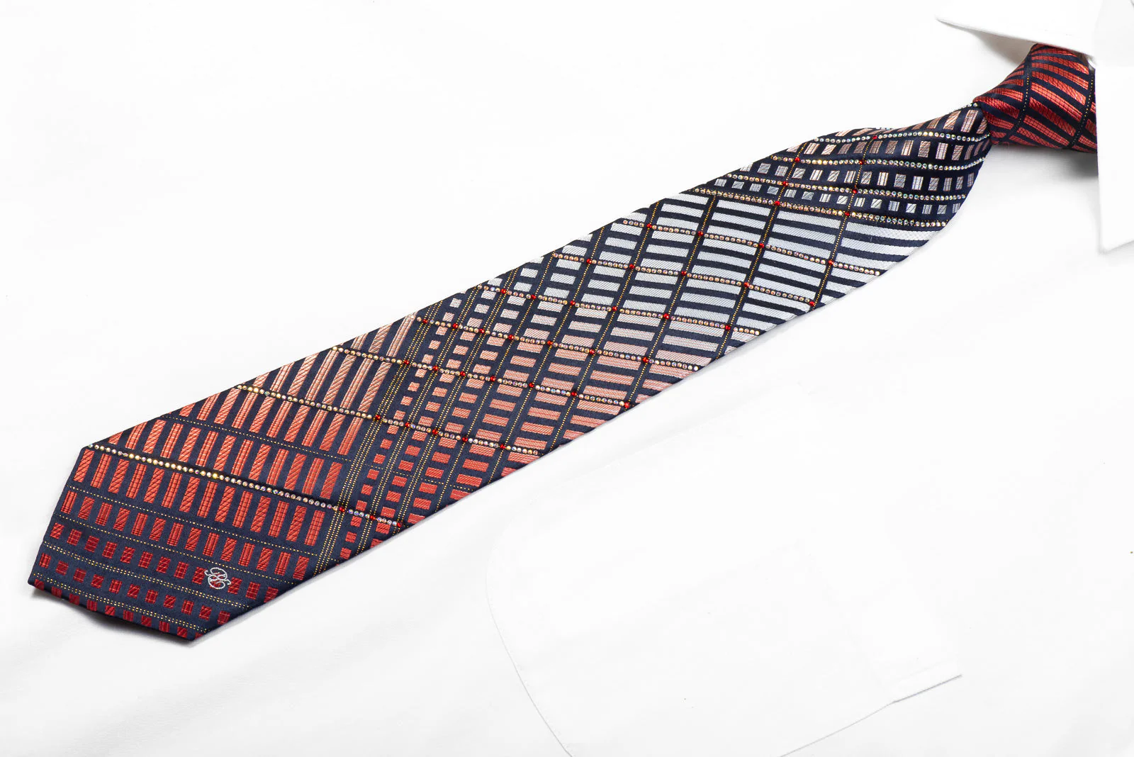 Renoma Rhinestone Silk Necktie Silver Red Geometric Striped On Navy With Gold Sparkles - Image 3