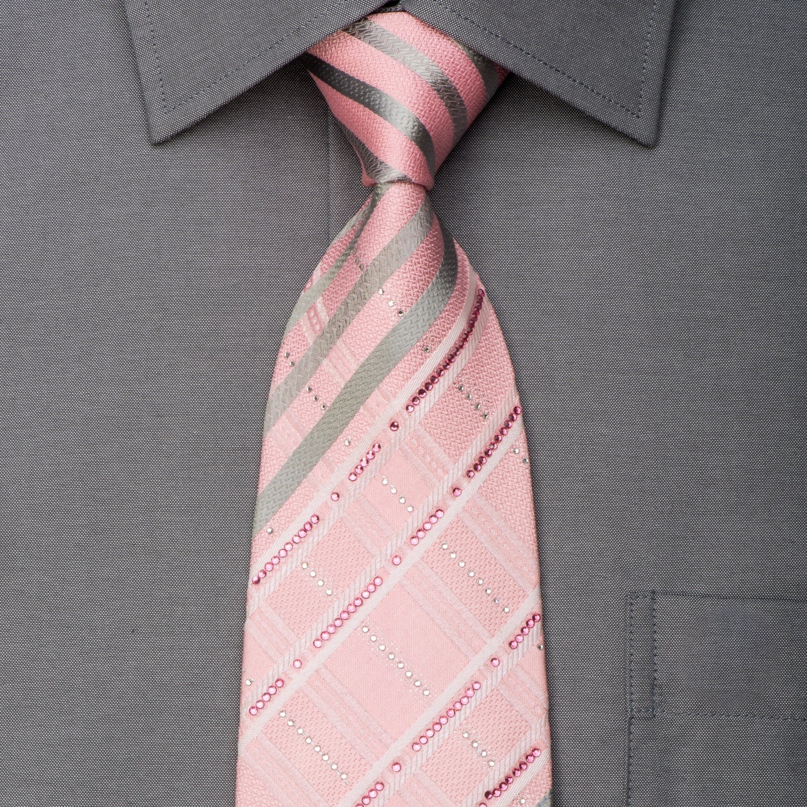 Renoma Rhinestone Silk Necktie Silver Striped On Pink With Silver Sparkles