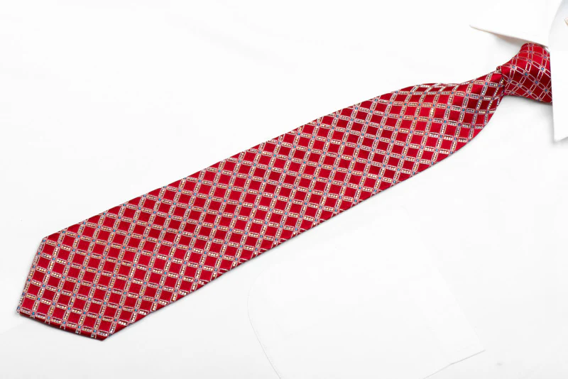 Renoma Rhinestone Silk Necktie Silver Trellis On Red With Blue Sparkles - Image 3