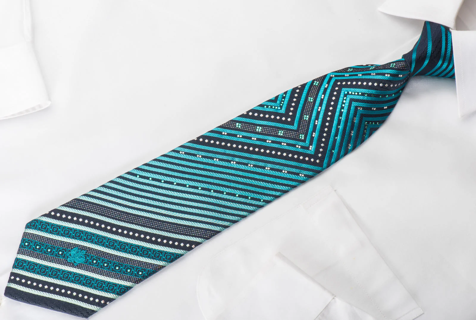 Renoma Rhinestone Silk Necktie Turquoise Chevron On Blue With Silver Sparkles - Image 2