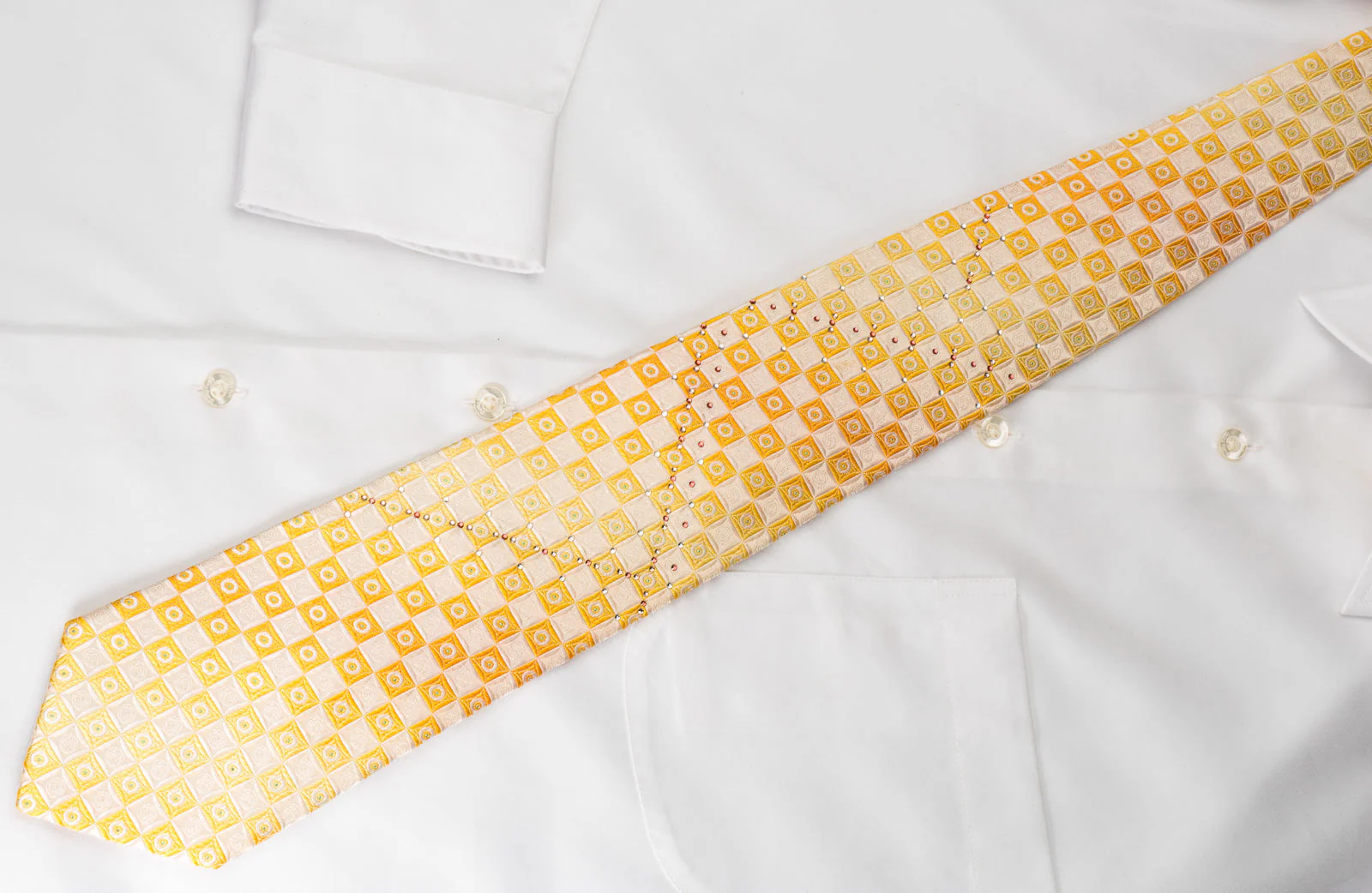 Renoma Rhinestone Silk Necktie Yellow Orange White Checkered With Green Sparkles - Image 7