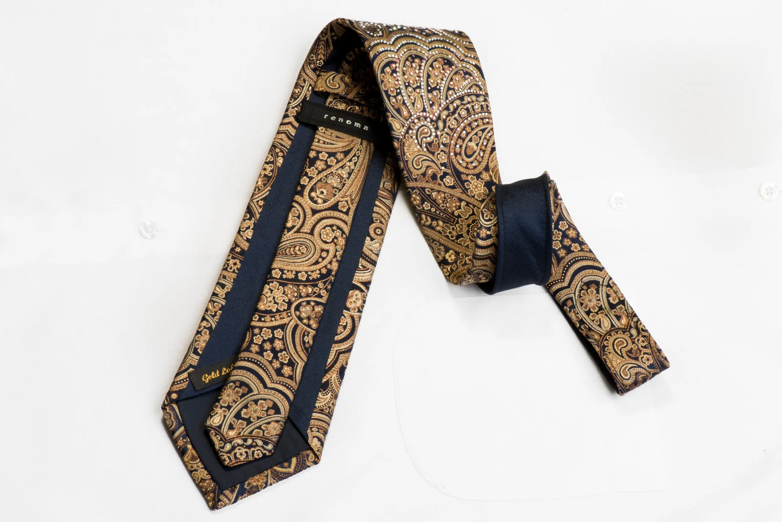 Renoma Rhinestone Silk Tie Gold Paisley On Navy With Sparkles - Image 5