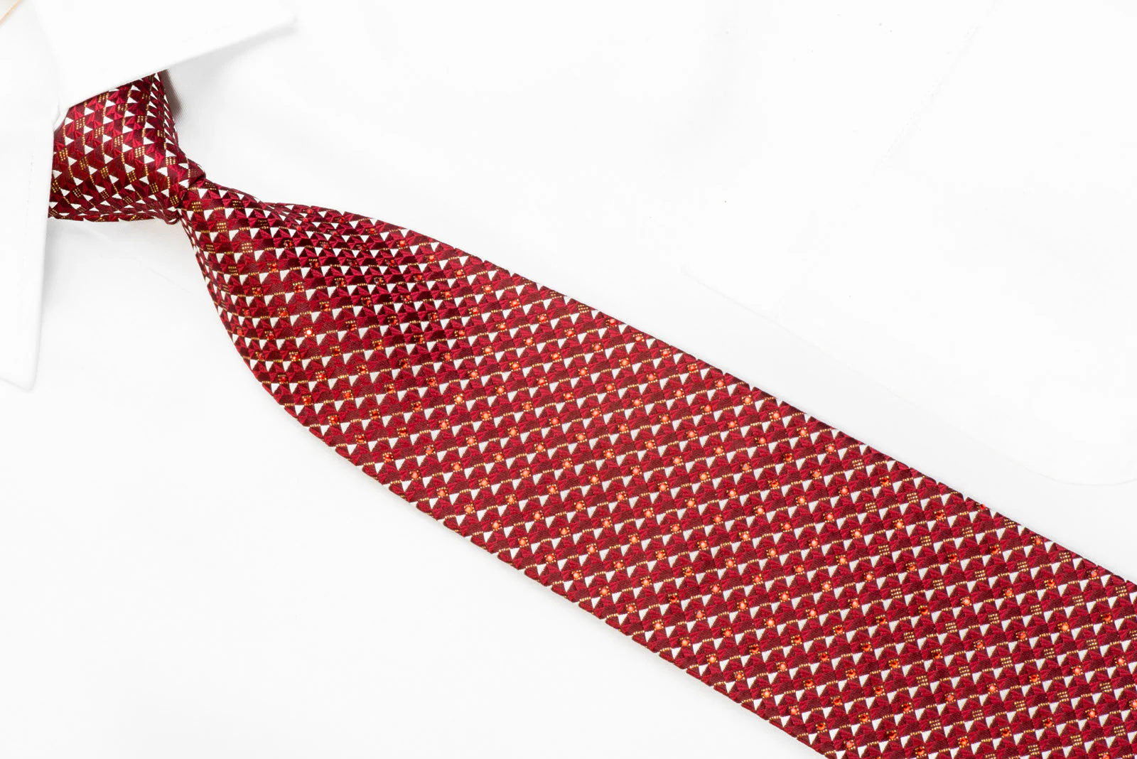 Renoma Rhinestone Silk Tie Red Silver Geometric on Burgundy With Sparkles - Image 2