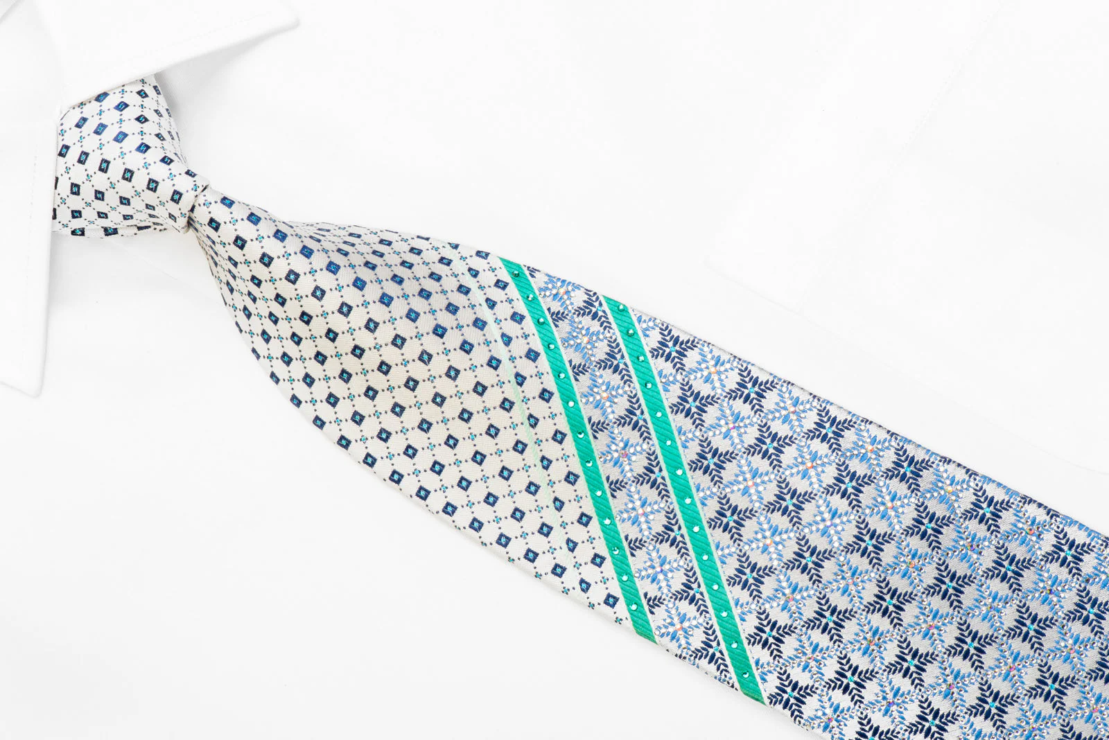 Renoma Rhinestone Silk Tie Teal Blue Striped Cartouche On Silver With Sparkles - Image 2