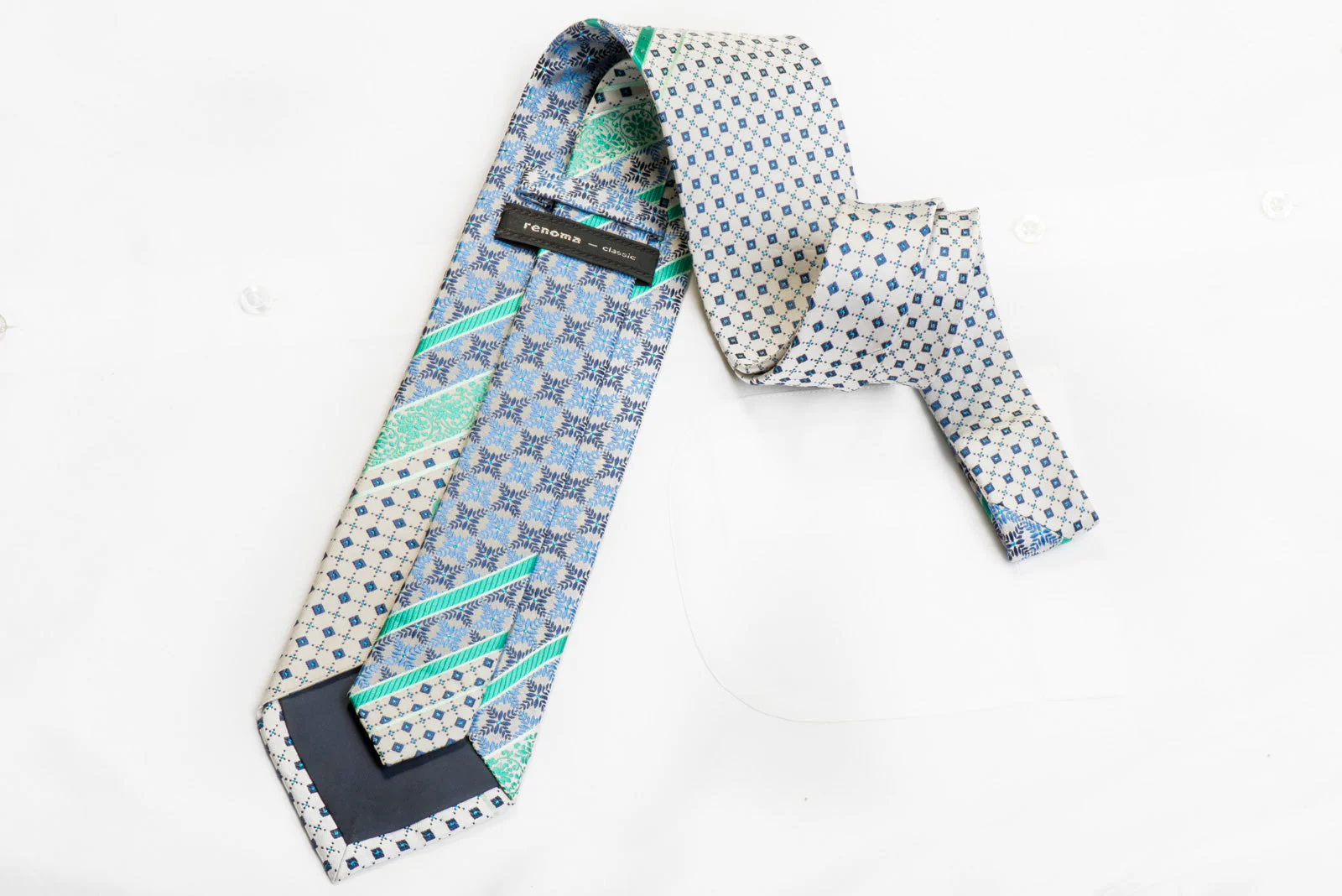 Renoma Rhinestone Silk Tie Teal Blue Striped Cartouche On Silver With Sparkles - Image 5