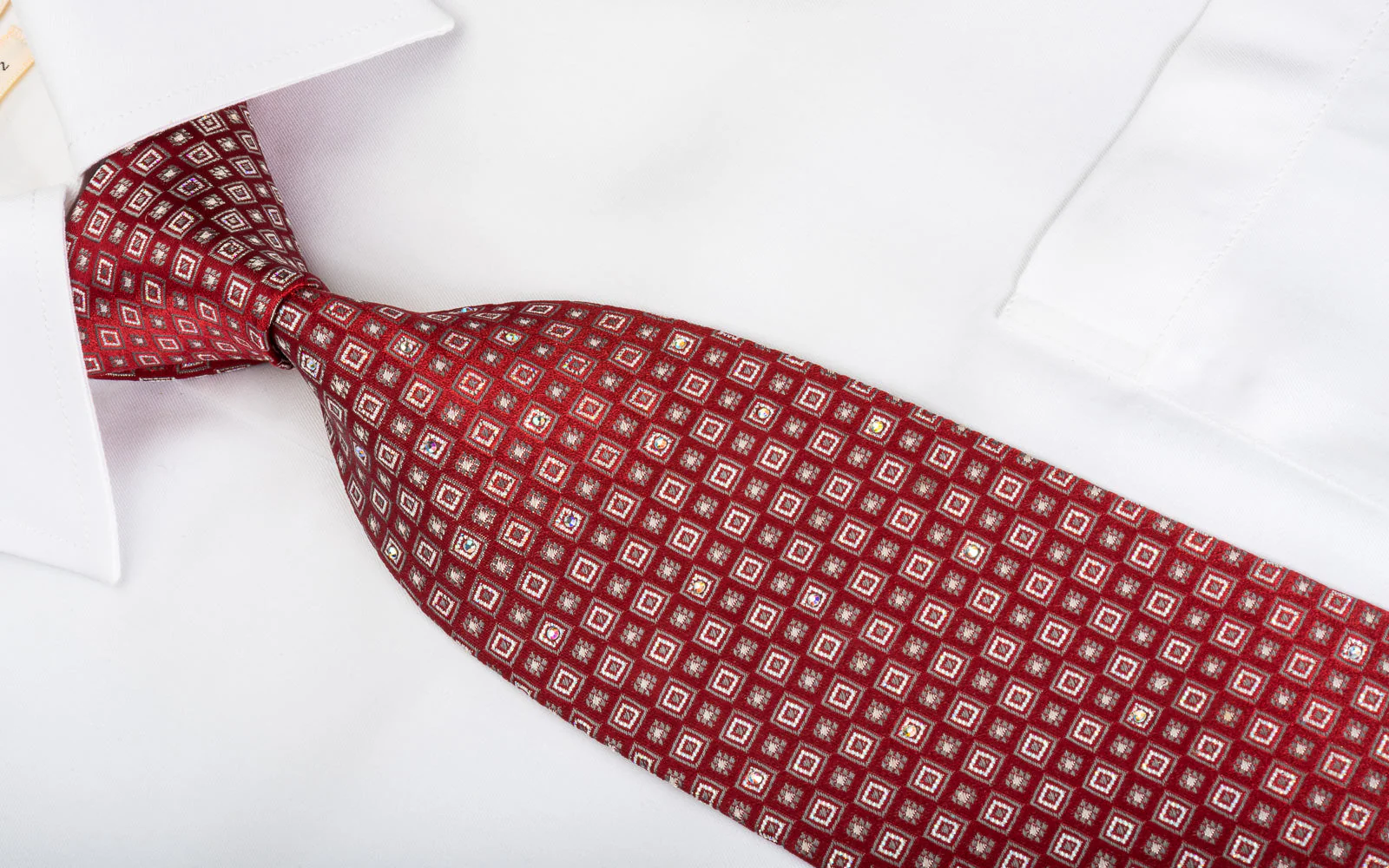 Renoma Rhinestone Tie Geometric Silver Squares On Burgundy With Silver Sparkles - Image 3
