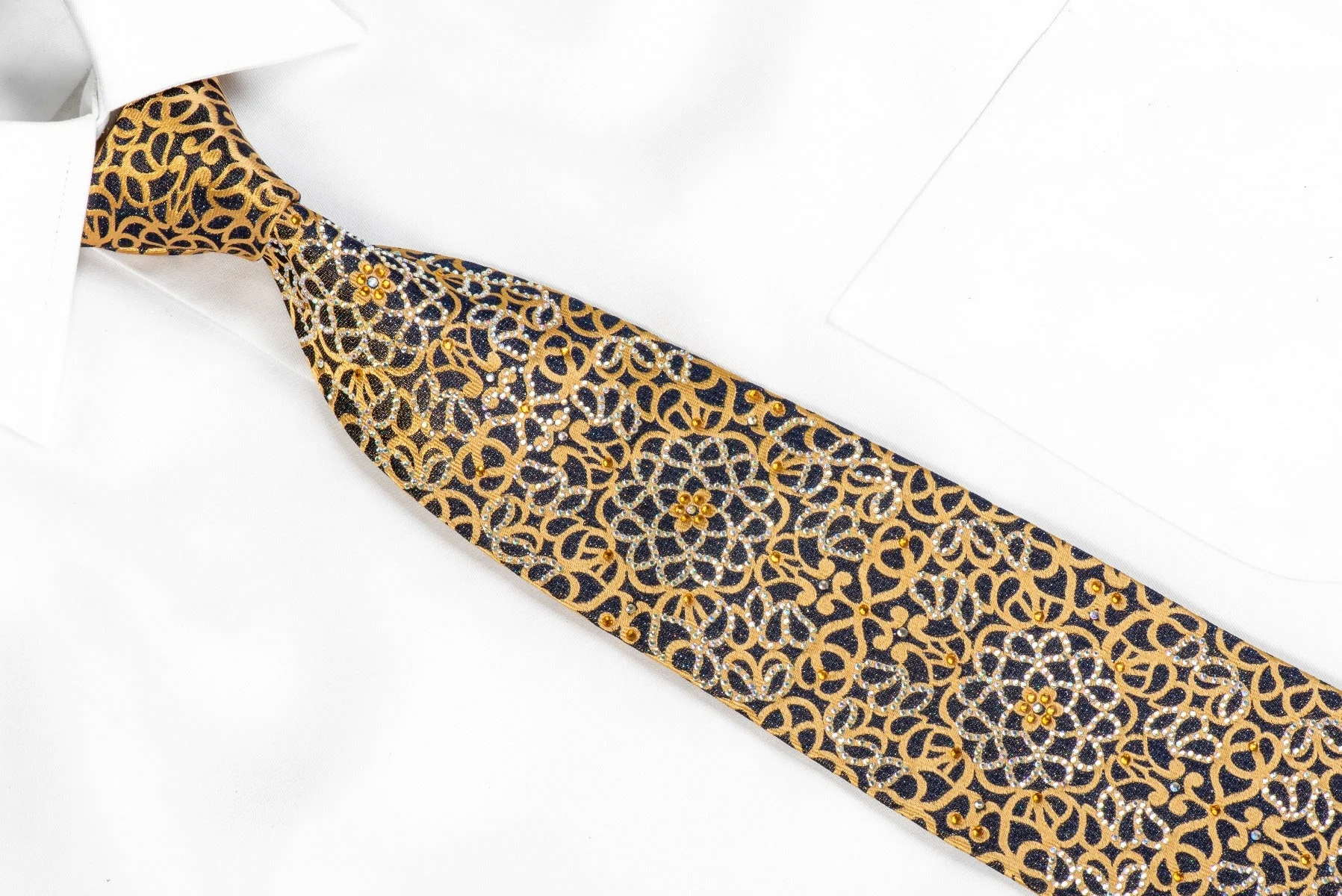 Renoma Rhinestone Tie Gold Scrolls On Navy - Image 2
