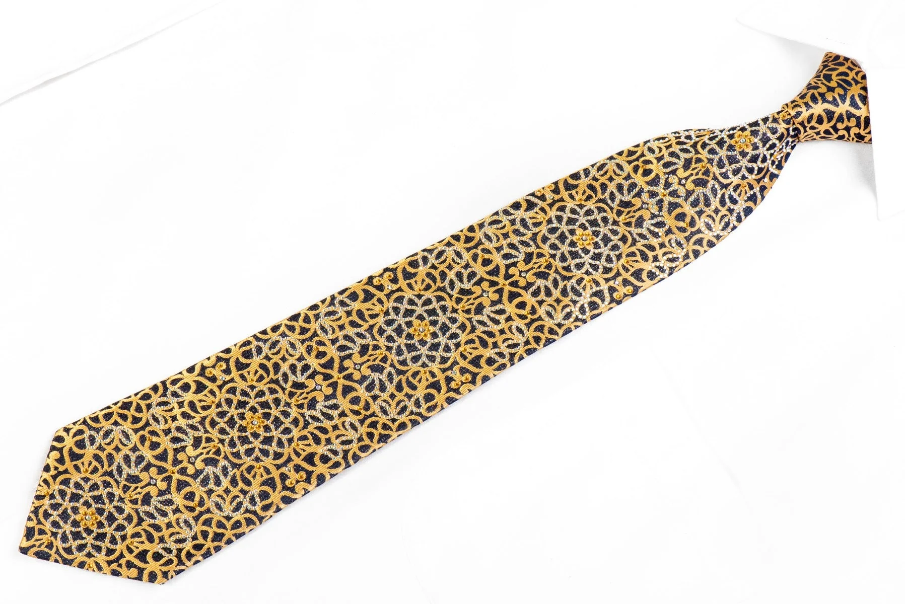 Renoma Rhinestone Tie Gold Scrolls On Navy - Image 4