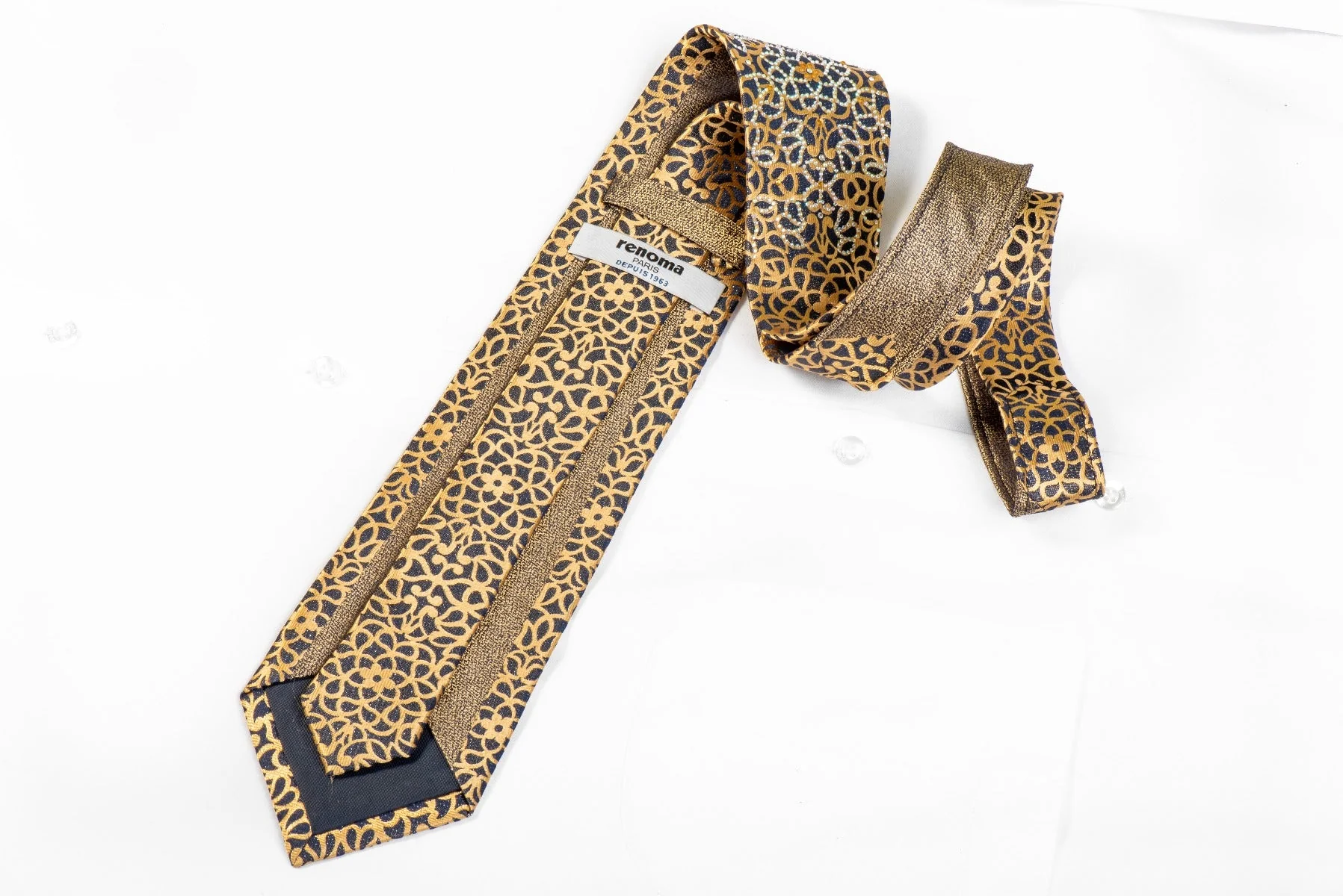 Renoma Rhinestone Tie Gold Scrolls On Navy - Image 5