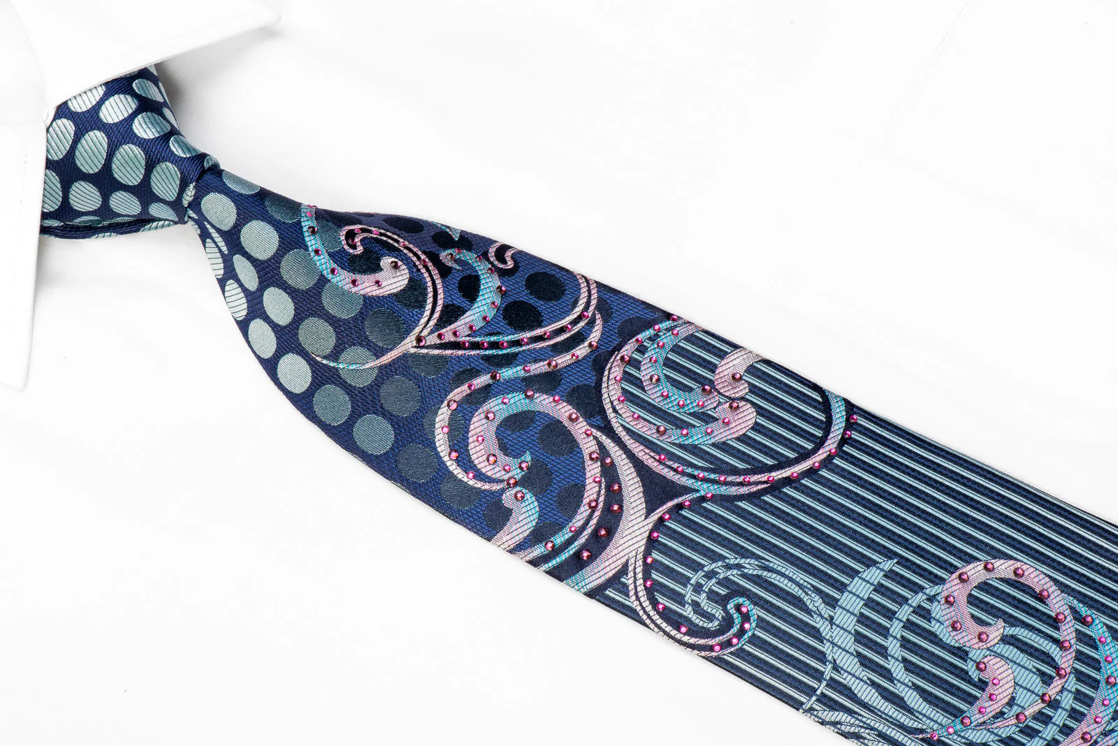 Renoma Rhinestone Tie Mauve Scrolls & Geometric On Blue - Image 2