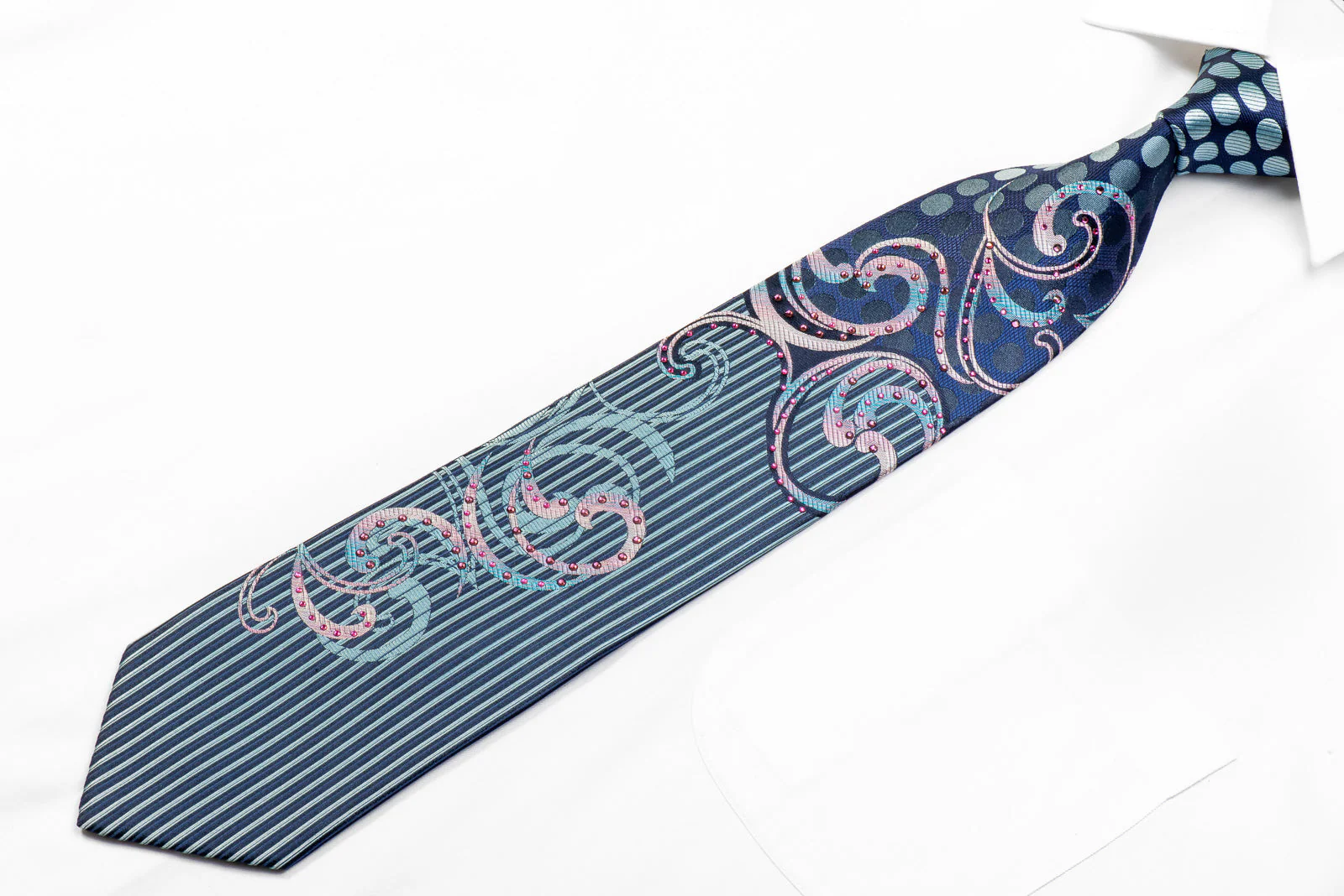 Renoma Rhinestone Tie Mauve Scrolls & Geometric On Blue - Image 3