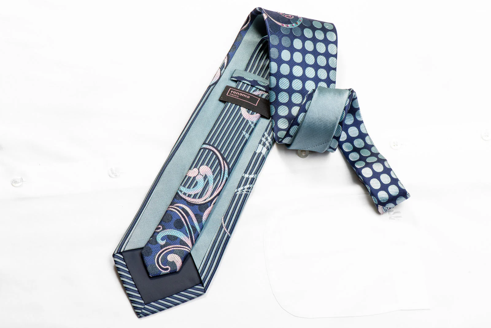 Renoma Rhinestone Tie Mauve Scrolls & Geometric On Blue - Image 4
