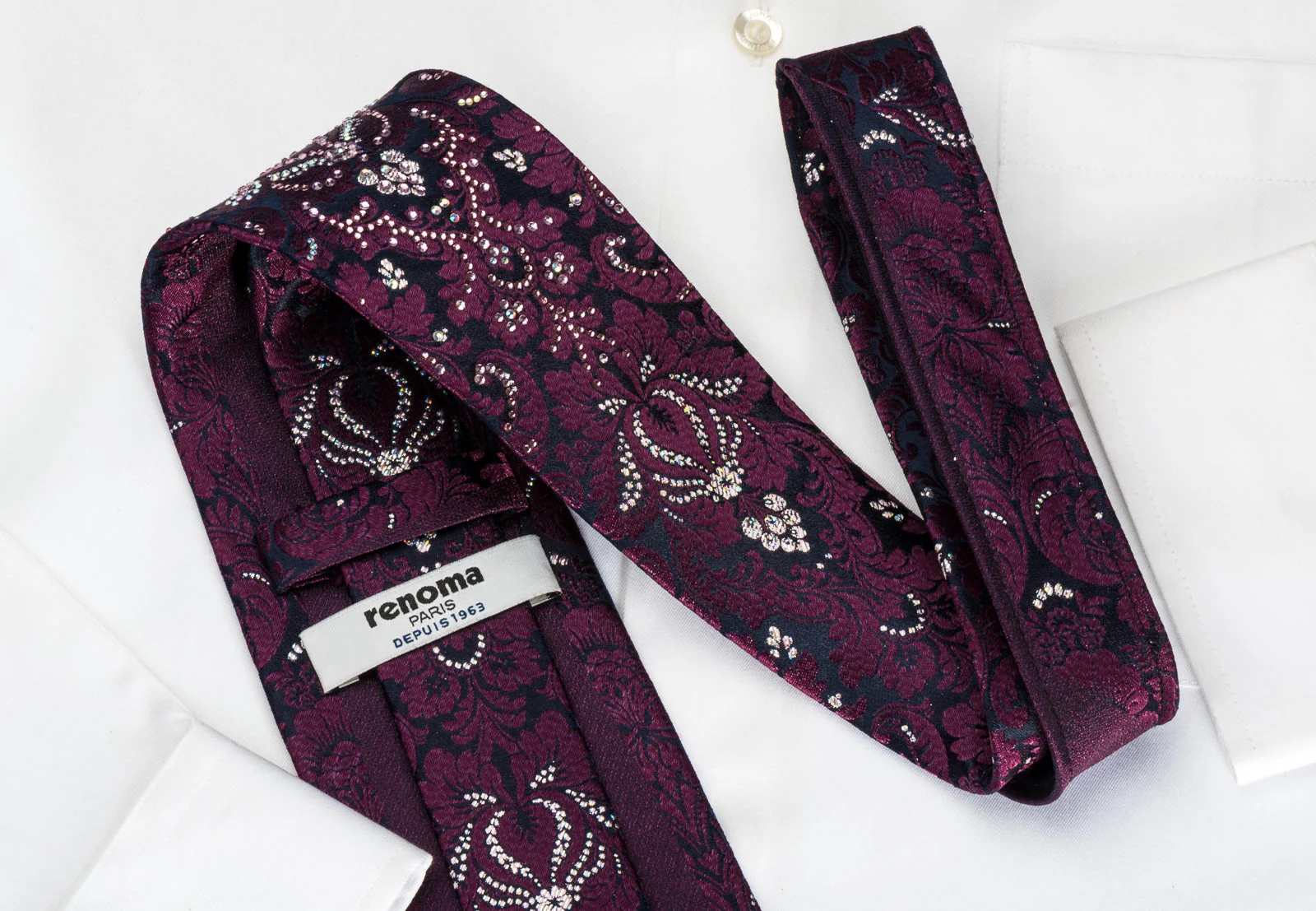 Renoma Rhinestone Tie Purple Damask On Black With Silver Sparkles - Image 7