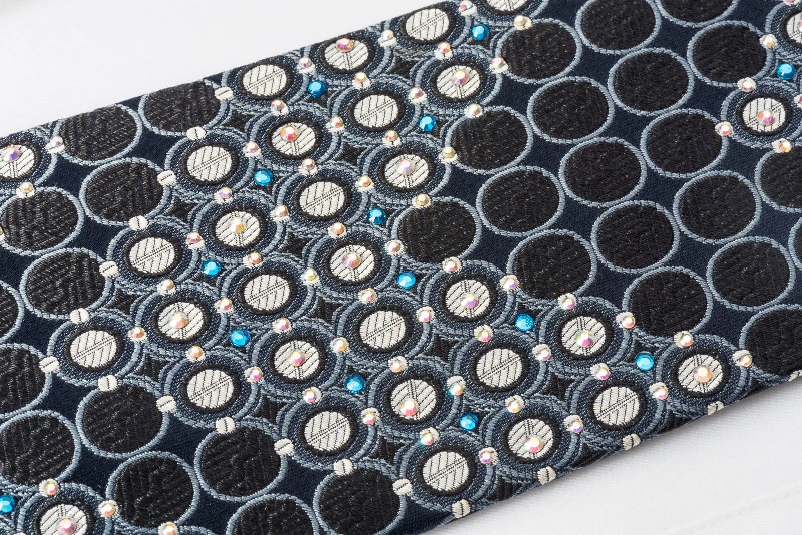 Renoma Rhinestone Tie Silver Geometric Circles On Black Silk - Image 3