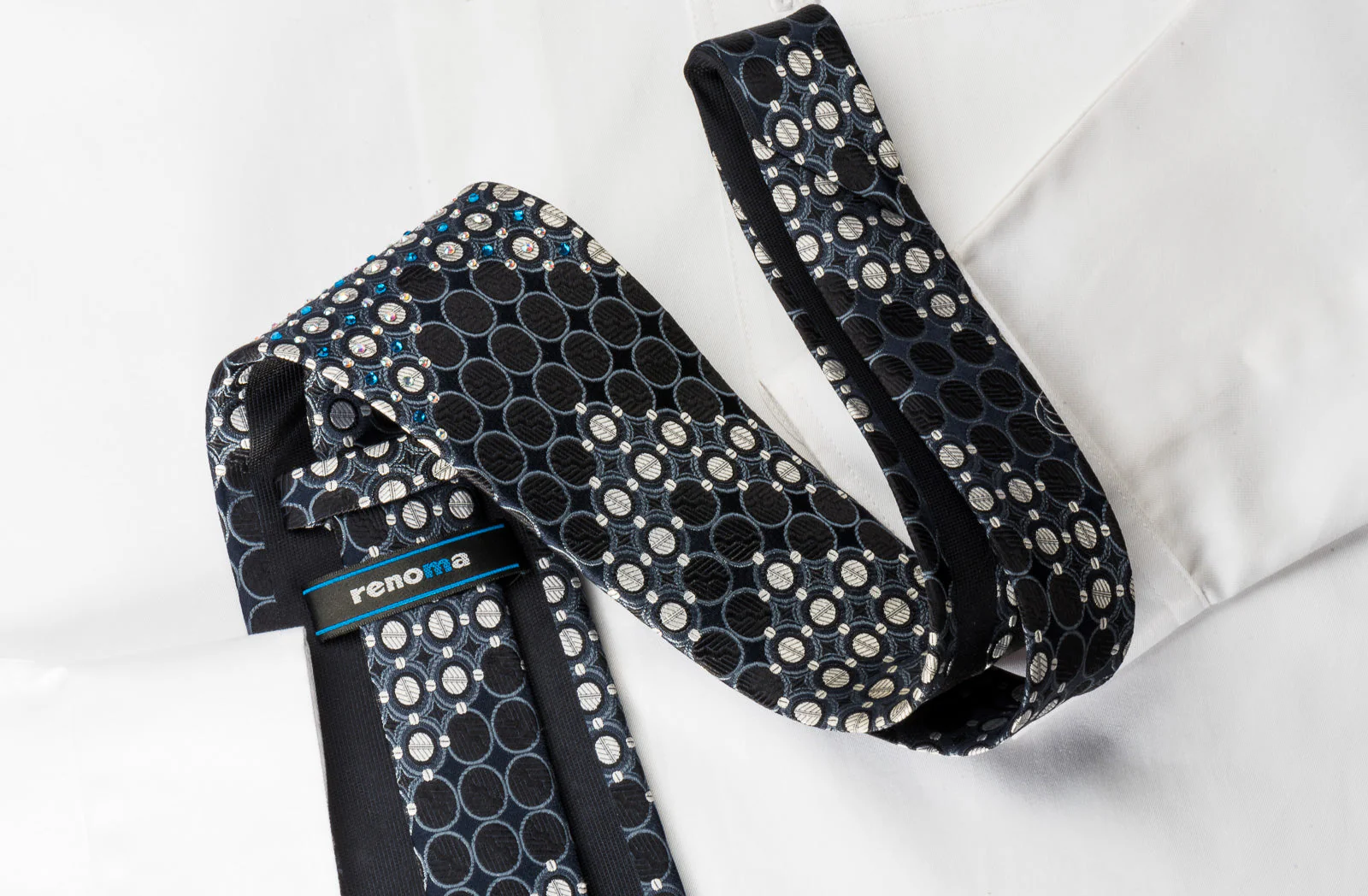 Renoma Rhinestone Tie Silver Geometric Circles On Black Silk - Image 7