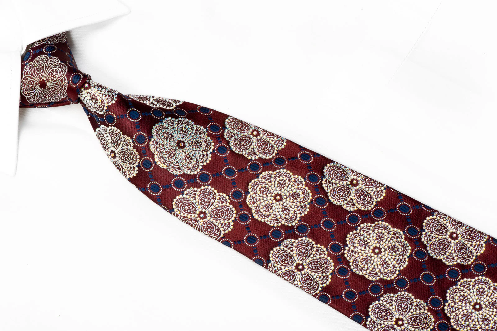 Renoma Rhinestone Tie Silver Medallions On Burgundy With Silver Sparkles - Image 2